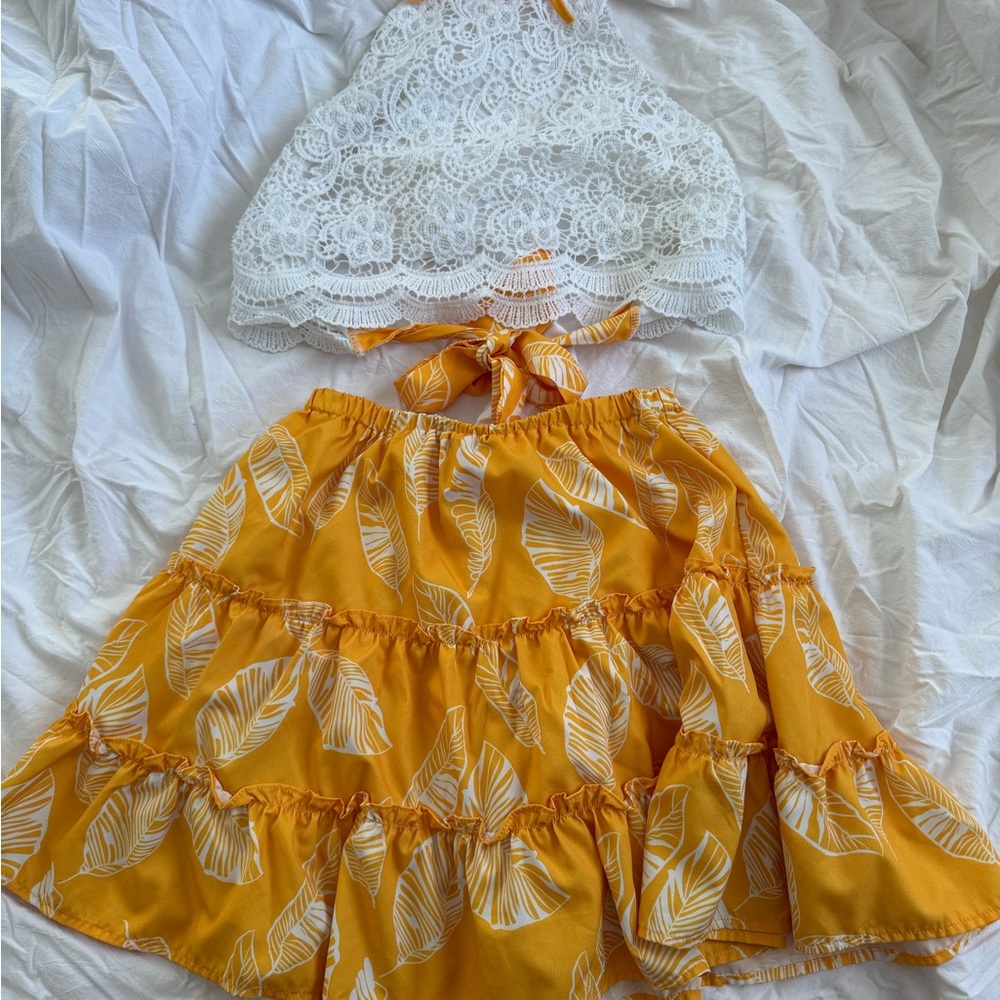 White Lace Crop Top and Yellow Leaf Skirt Set